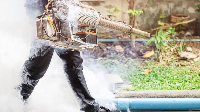 Técnico aplicando nebulización con máquina de humo en una zona exterior en el blog de Control de Plagas León