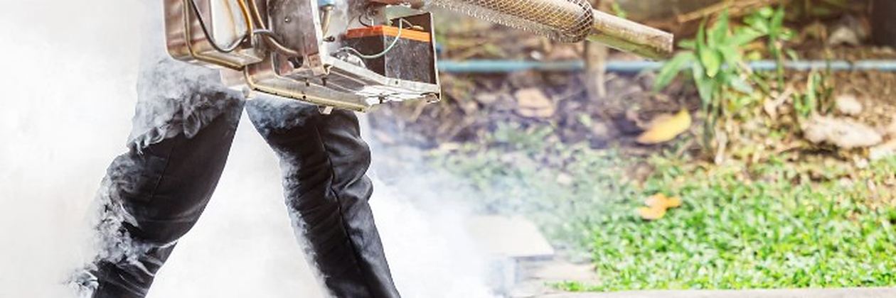 Técnico aplicando nebulización con máquina de humo en una zona exterior en Control de Plagas León Técnico aplicando nebulización con máquina de humo en una zona exterior en Control de Plagas León