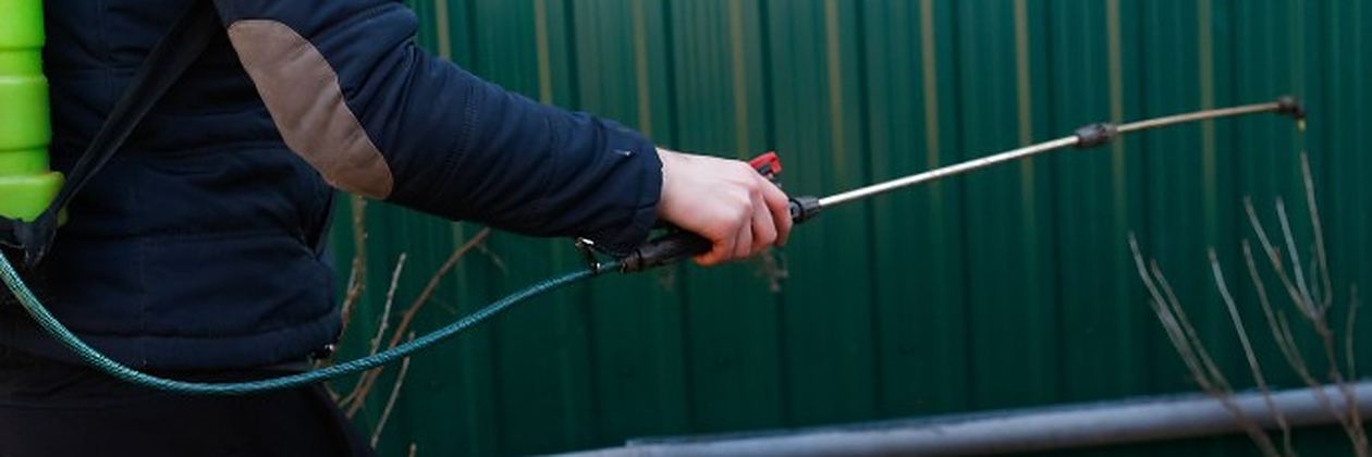 Técnico aplicando nebulización con máquina de humo en una zona exterior en un servicio de control de plagas en Valencia de Don Juan